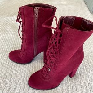 Carlos Santana lace up high heeled boots, wine